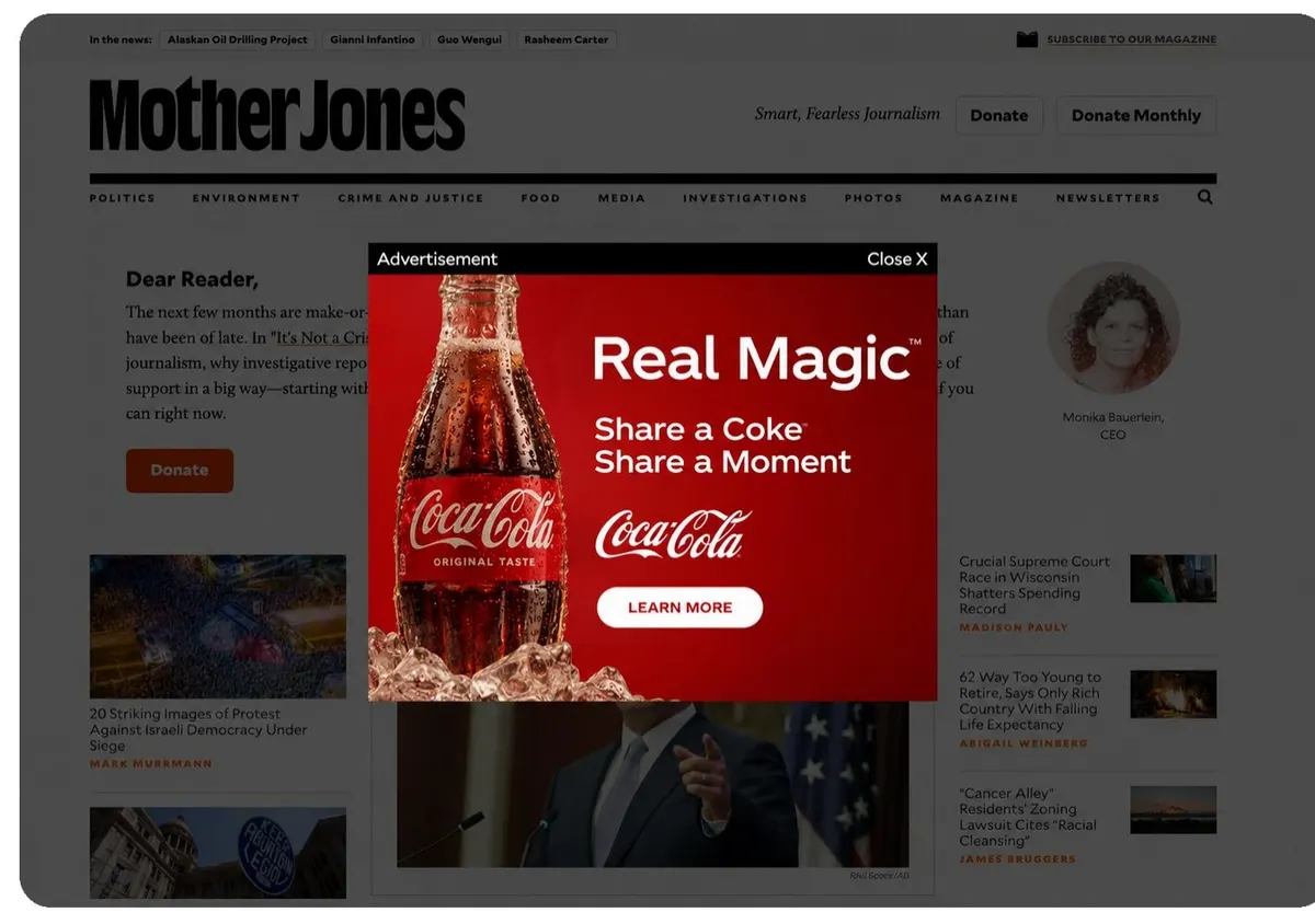 Illustrative full-page desktop takeover inside a premium newsletter's website