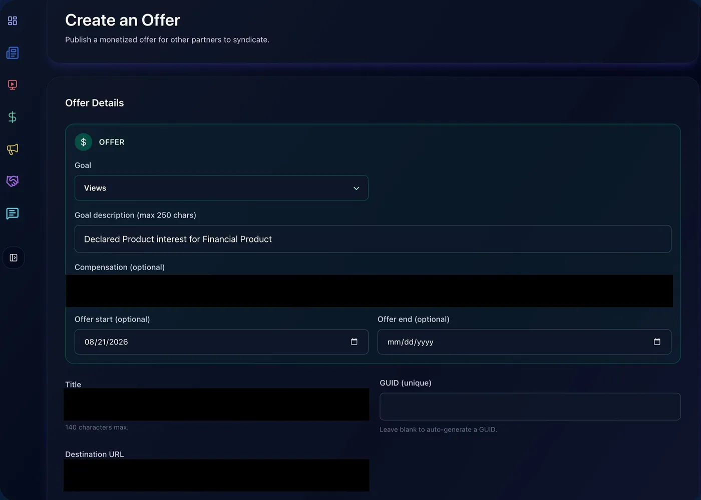 Illustrative screenshot of the Capitol Influence platform's offer-creation screen, with the campaign name, compensation, and destination fields redacted
